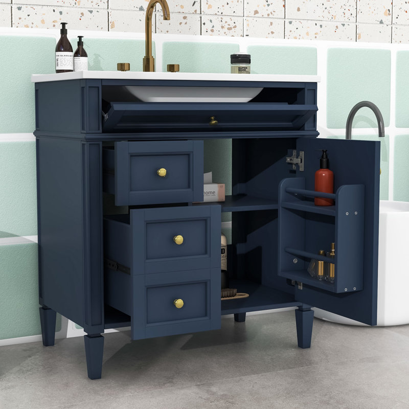 Clista Bathroom Vanity with Top Sink and 2 Drawers and a Tip-out Drawer, Blue