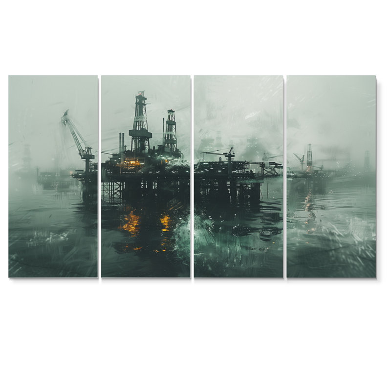 «Gray Green Winter Winter Drilling Dynamics Oil Rig II», ensemble d'art mural sur toile, H 28 po x l 48 po