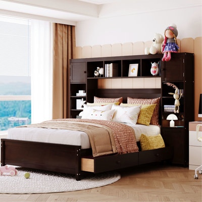 -Colored Full Size Wooden Bed With Integrated Cabinet & Shelf - Stable And Classy In Tone Attractive Appeal