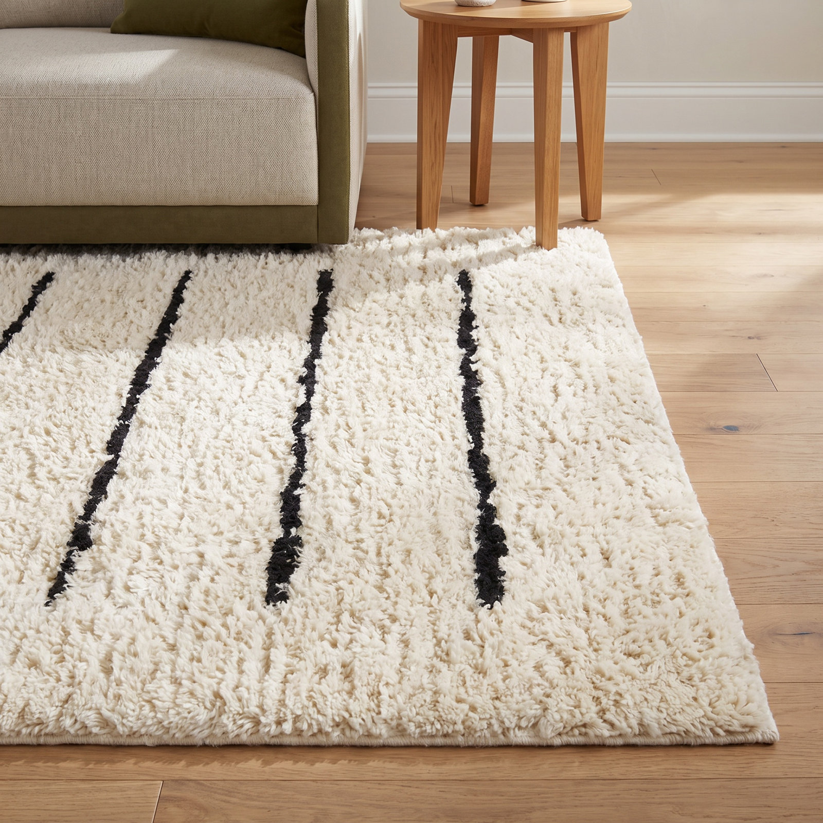 Mayer Ivory Black Hand-Knotted Striped Wool Rug, Rectangle 8' x 10'