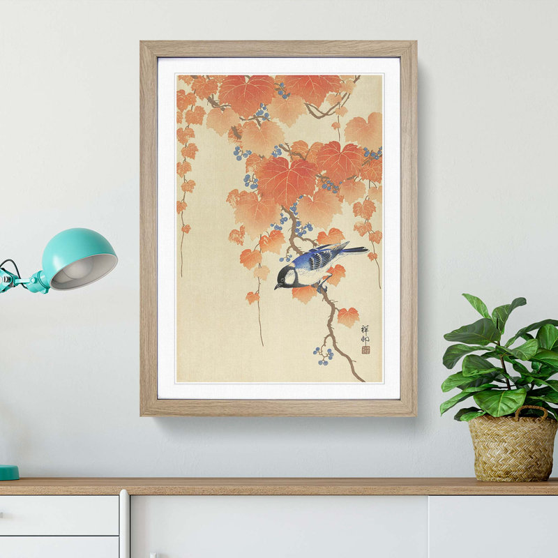 Great Tit on a Paulownia Branch by Ohara Koson - Picture Frame Painting Print, 36cm H x 27cm W x 2cm D, Oak Framed