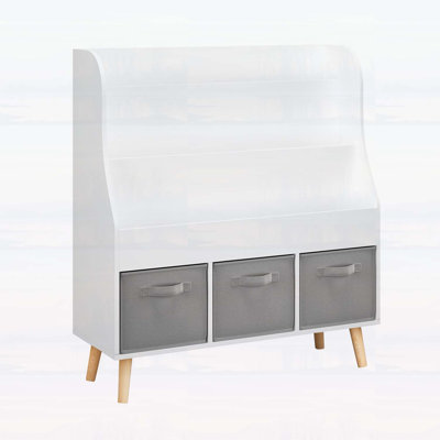 Bibliothèque pour enfants avec 3 bacs de rangement en tissu, présentoir à livres en bois blanc pour tout-petits et enfants, bibliothèque avec pieds en pin