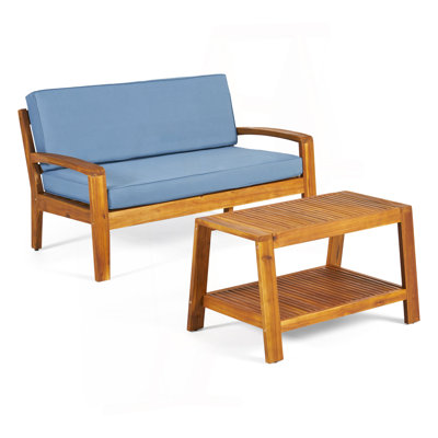 2-Piece Outdoor Teak Acacia Wood Conversation Set - Loveseat & Coffee Table With Blue Water-Resistant Cushions, 350Lbs Capacity For Patio, Deck & Backyard