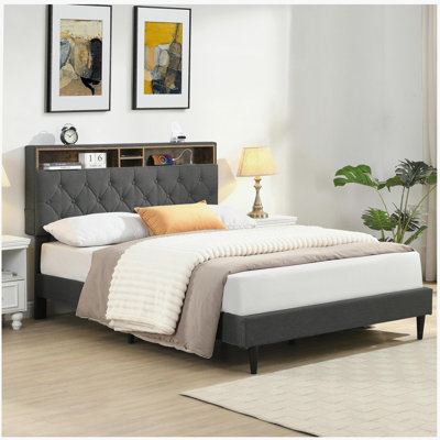 KING -Size Upholstered Platform Bed Frame with a Modern Button-Tufted Linen Fabric Headboard,USB Ports,Convenient Charging Station,two side-mounted pockets,not require a box spring, Dark Grey