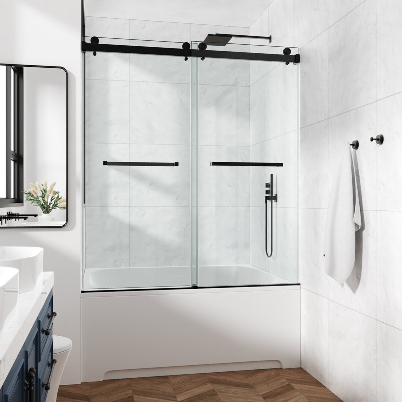 68-73" W X 66" H Frameless Double Sliding Tub Door with 3/8" (10mm) Clear Tempered Glass, Shatter-Resistant Film & Installation Hole Locator