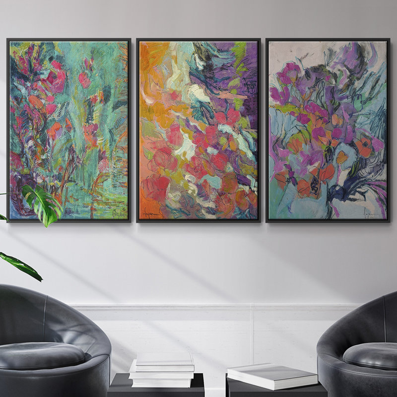 «Downing Graces», ensemble de 3 pièces encadrées sur toile, H 40 po x l 78 po, Noir