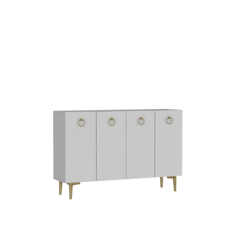4-Door Sideboard With Ring Pull Handles And Tapered Legs, White/Gold