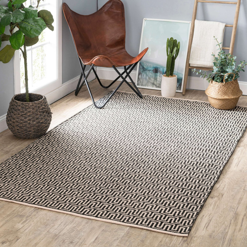Bradshaw Zipper Black/Ivory Handwoven Cotton Rug, Rectangle 6' x 9'