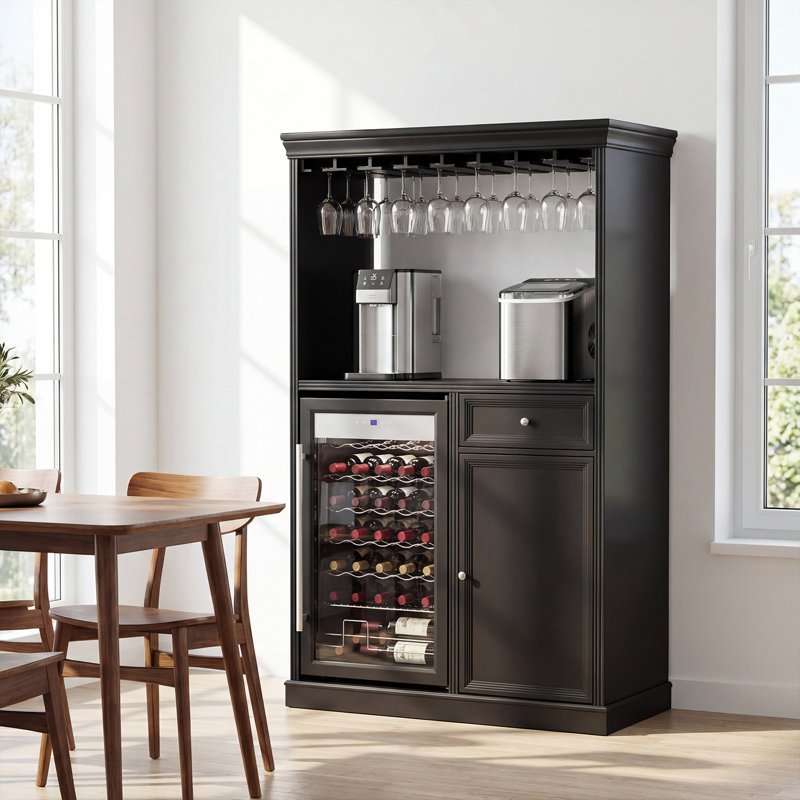 Bar 40 po noir avec refroidisseur à vin de 34 bouteilles, porte-verres à pied, tiroir, rangement de porte et huche de station de boissons