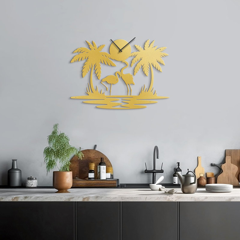 Grande horloge murale en métal palmier tropical, L 30 po x H 30 po, Or