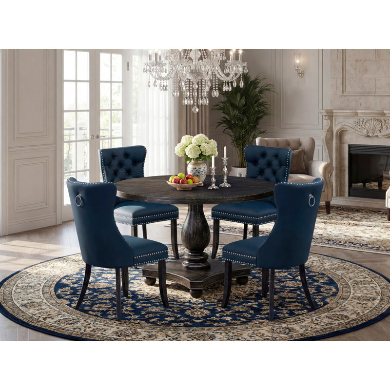 5 Piece Dining Table Set Includes a 48" Round Table with Pedestal and 4 Navy Blue Polyester Fabric Upholstered Chairs, Sand Blasted Black