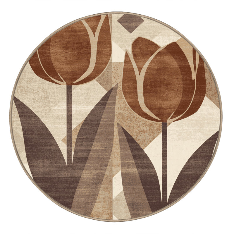 Machine Washable Parrilla Tulip Modern & Contemporary Geometric Shapes Rug in Brown – Beige Binding, 7' Round