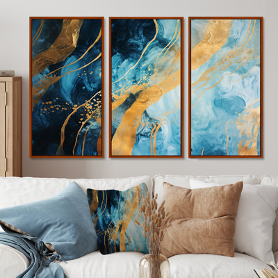 «Blue Sparkling Glam Gold Streams - Abstract Modern Waves», ensemble de reproduction d'art mural