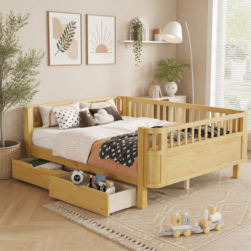 Lit plateforme double en bois pour enfants, lit double en bois à profil bas avec rails pour filles et garçons, naturel