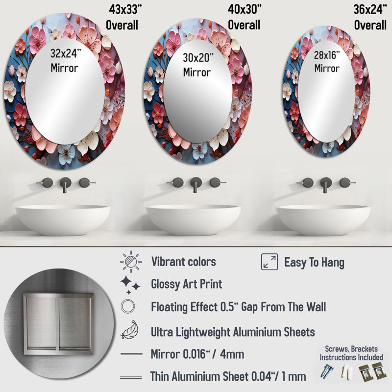 Apple Blossom Harmony I - Miroir décoratif floral ovale sur métal, 36 po x 24 po