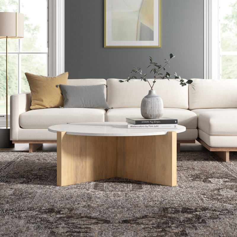 Lotus Marble Top Single Coffee Table, Light Brown