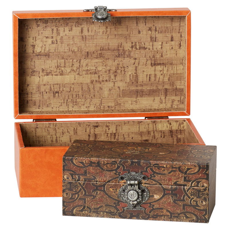 Boîte à bijoux en bois et similicuir avec couvercle , Brun et orange