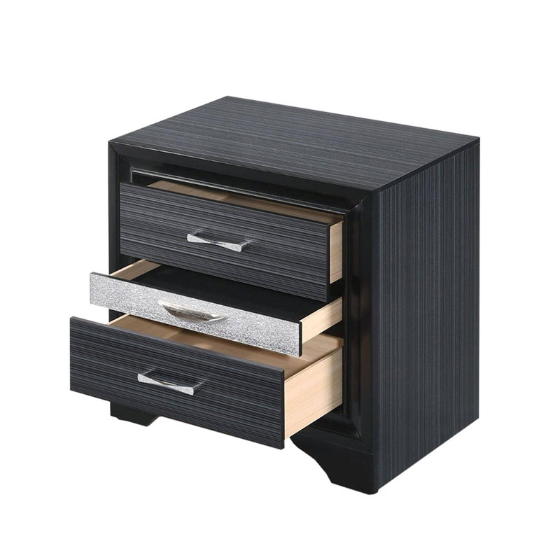 3 tables de chevet noires avec mécanisme coulissant en métal et rangement pour bijoux Chambre à coucher moderne 2 tiroirs 1 compartiment