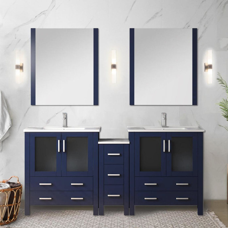 72 po Grand meuble-lavabo double large bleu marine avec comptoir en céramique blanc, robinet, tiroirs à fermeture en douceur et rangement latéral pour salle de bain bien structuré avec robinet, fonctionnalité, comptoir