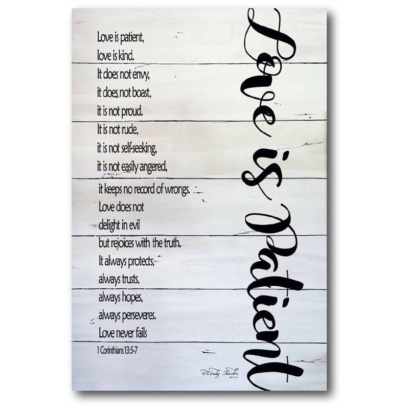 « love is patient », reproduction d’art textuel sur toile tendue, H 26 po x l 18 po x 1,5 po