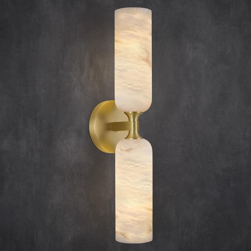 2 - Light Dimmable Brass Alabaster Wall Sconce With Marble Shade