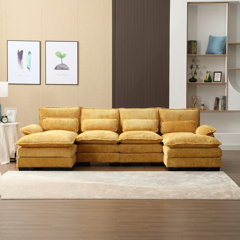 Modern Large Chenille Fabric U-Shape Sectional Sofa, Mustard Yellow