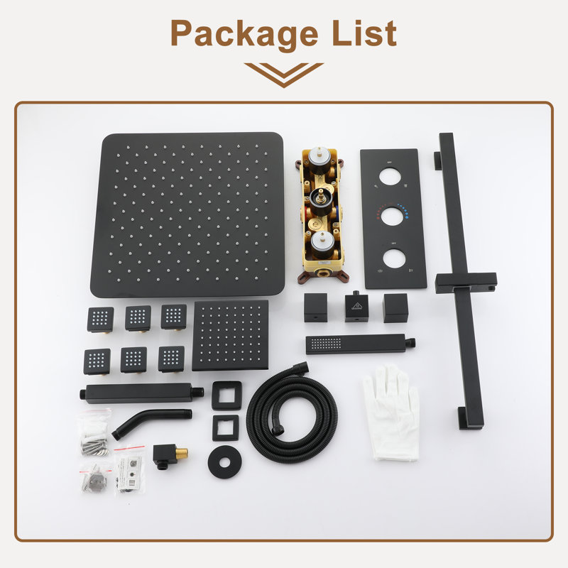 Matte Black 16" Thermostatic Dual Shower System with Handheld and Body Jets