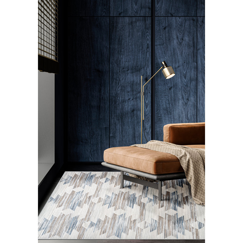 Tapis en viscose bleu, brun, chocolat, gris, ivoire et blanc Keyera, Rectangulaire 8 pi x 10 pi