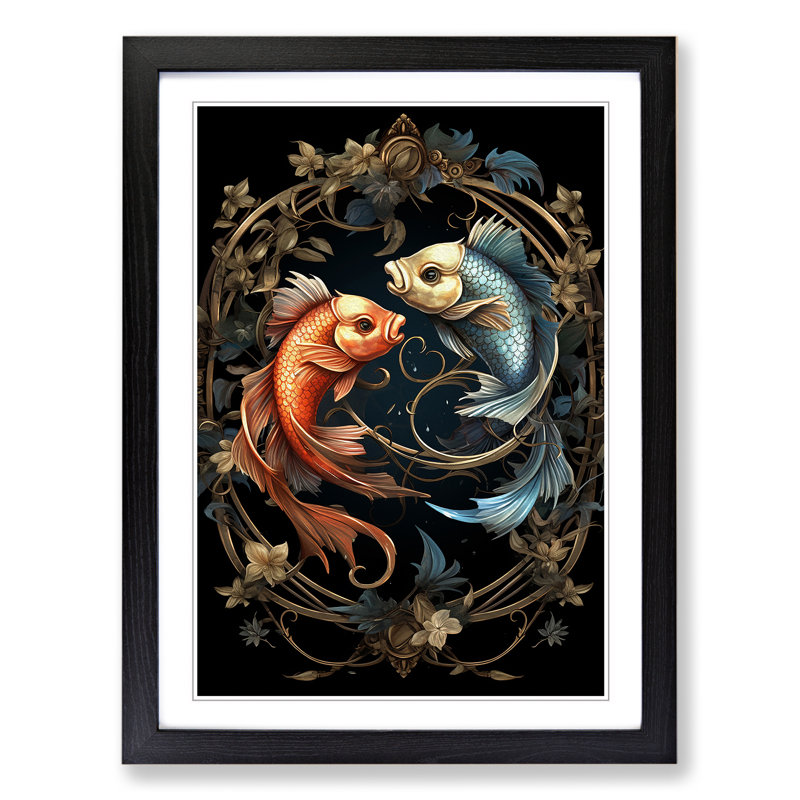 Pisces Fish Zodiac Classicism - Single Picture Frame Print on Wood, 64cm H x 46cm W x 2cm D, Black Framed