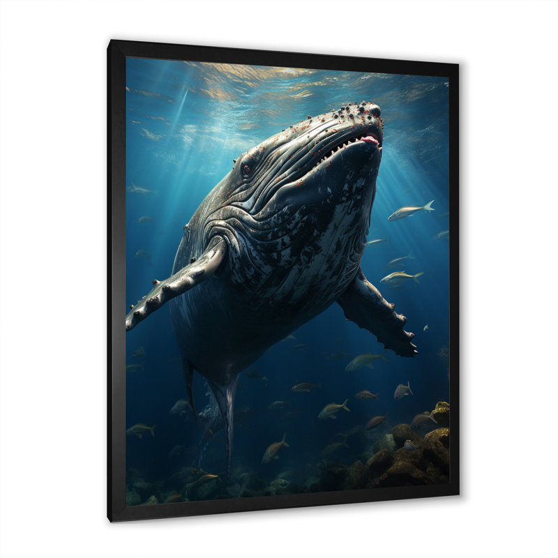 Aad " Animal Whale In Deep Ocean ", 20" H x 12" W x 1" D, Black Single Picture Framed Canvas