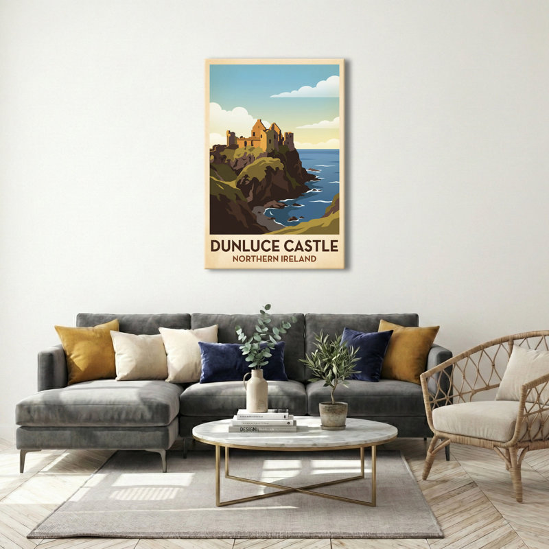 Dunluce Castle, Northern Ireland - Romantic Coastal Castle Travel Poster. Giclee Print On Wrapped Canvas. Wall Art, Home Decor - Castles & Palaces, Northern Ireland - Wrapped Canvas Print