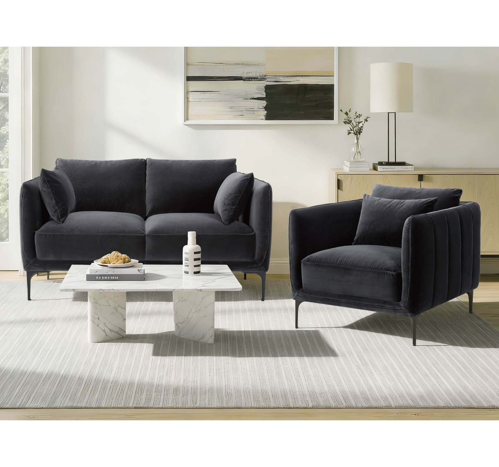 Rae 2-Piece Linen Living Room Set, Falkirk Gray Velvet