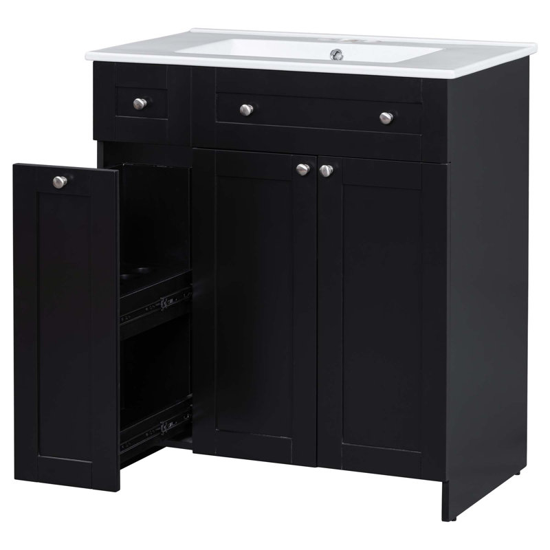 Bathroom Vanity With Ceramic Sink, 2 Soft-Close Doors And Double-Tier Deep Drawer, Black