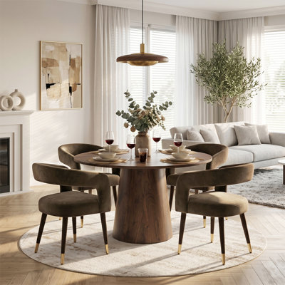 Modern 46" Round Dining Set with 4 Chenille Upholstered Barrel Arm Chairs