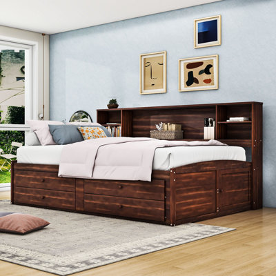 Full Size Wooden Daybed with Built-in Bookcase, Drawers, and Shelves by Lark Manor