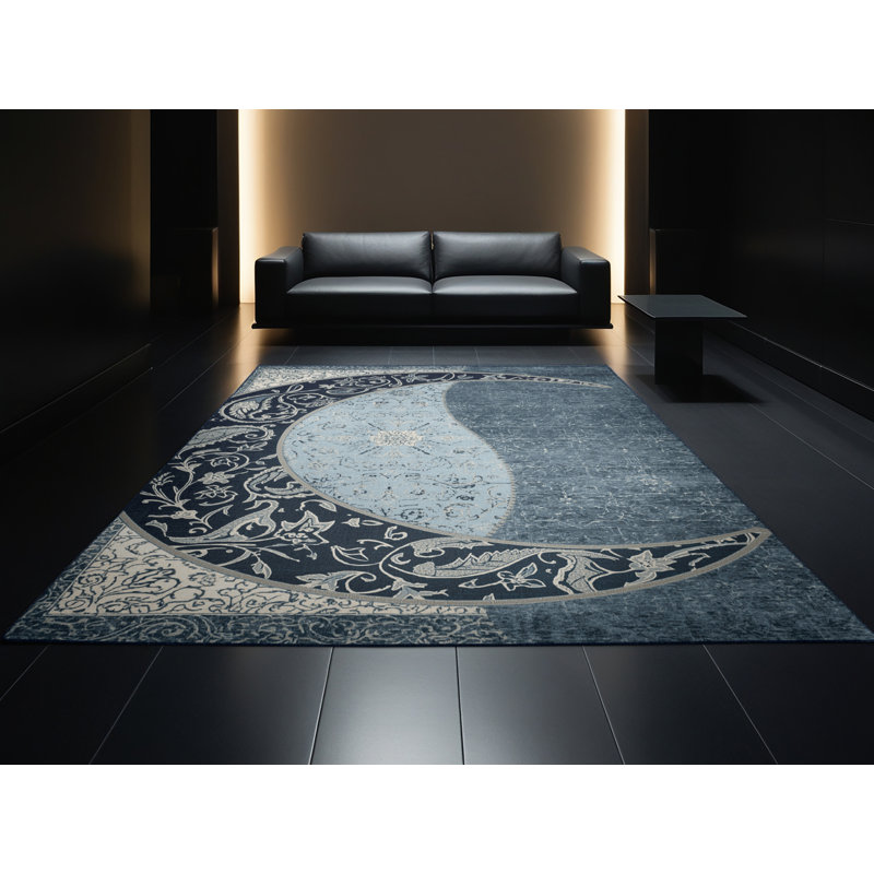 Machine Washable Orys Classic Oriental Rug in Gray – Navy Binding, 3 x 5