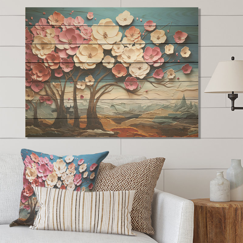 Dynamic White And Pink Petals Tree II - Tree On Wood Print, 30" H x 40" W x 0.78" D