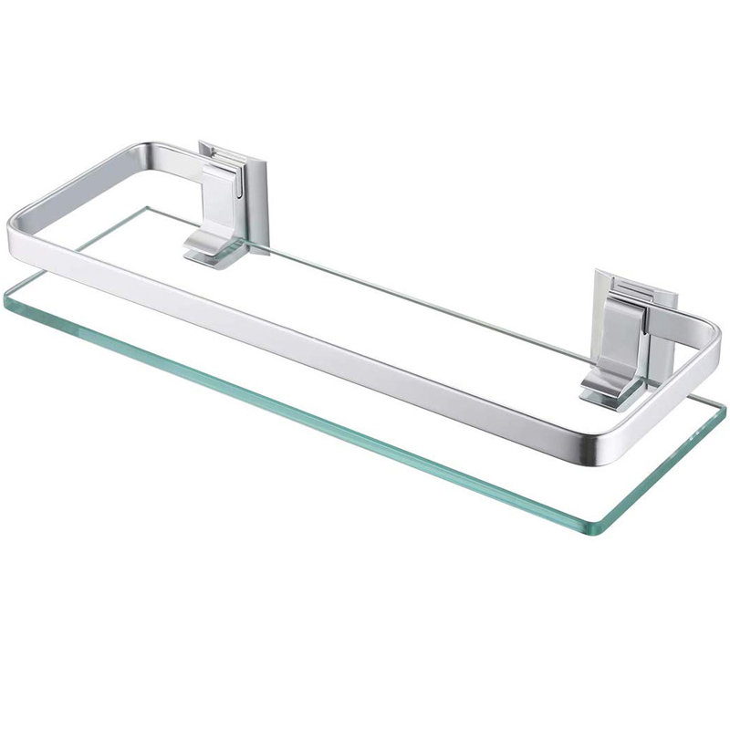 Wall Mounted Rectangle Glass Shelf with Aluminum Silver Rails, Extra Thick Tempered Glass Floating Shelf for Bathroom Storage