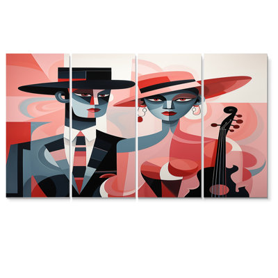 Jazz Duo, silhouettes minimalistes rétro - bleu et rouge - ensemble de décorations murales 4 pièces