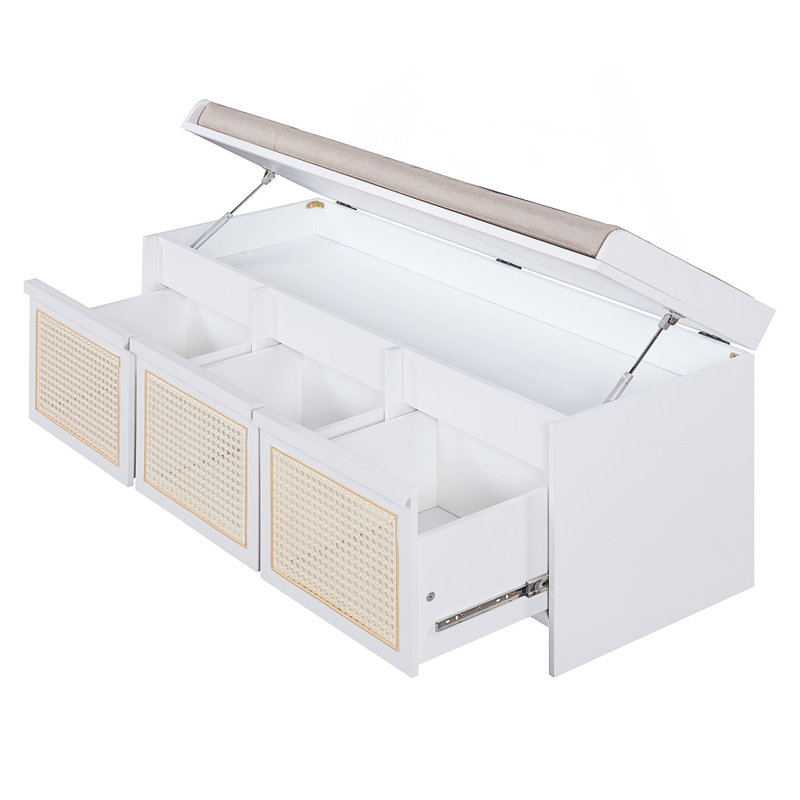 Banc pour chaussures rétro avec tiroirs en rotin et coussin capitonné, White