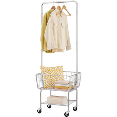 Laundry Cart With Hanging Rack, Metal Laundry Basket With Wheels, Laundry Hamper With Storage Basket, Rolling Laundry Cart With Wheels, Silver