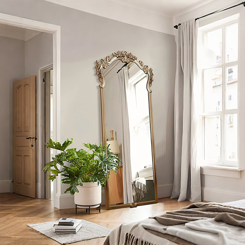 19.69"European-style full-length mirror with carved decoration and floor-standing type, 64.96" x 19.69"