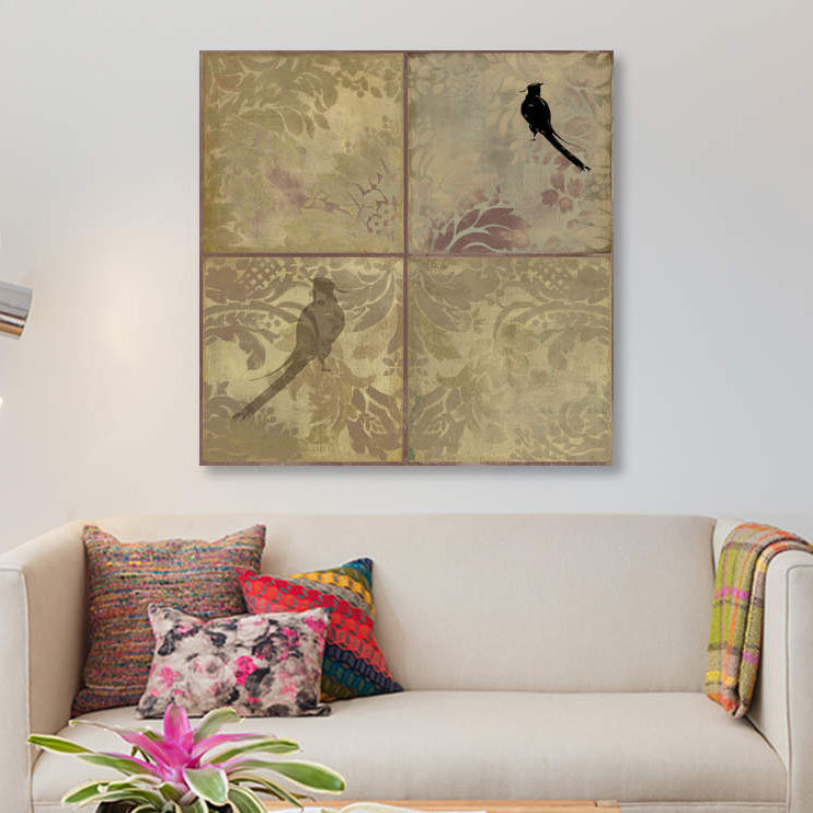 «Damask Birds», reproduction sur toile, H 12 po x l 12 po x P 0,75 po, Pas de tapis, Toile tendue