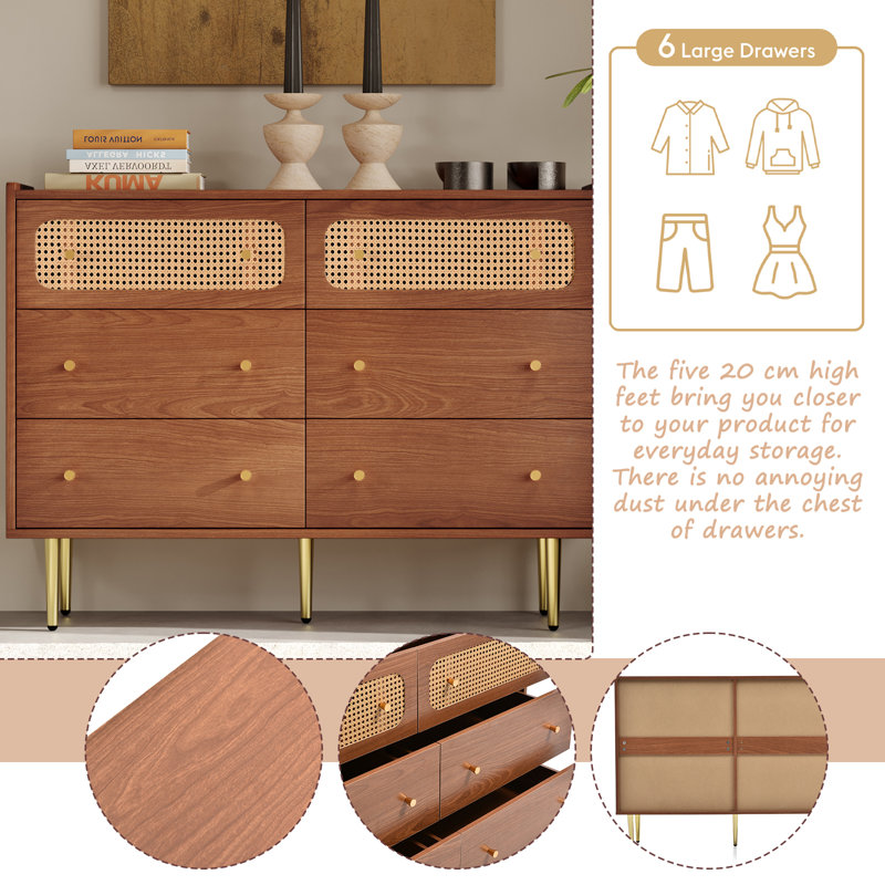 Commode double l 47,24 po à 6 tiroirs Maggese, Cerisier noisette