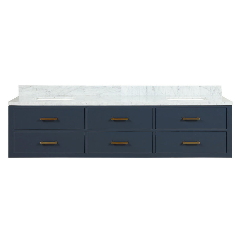 80" Wall-Mounted Double Bathroom Vanity Set, Blue, White Carrara Marble