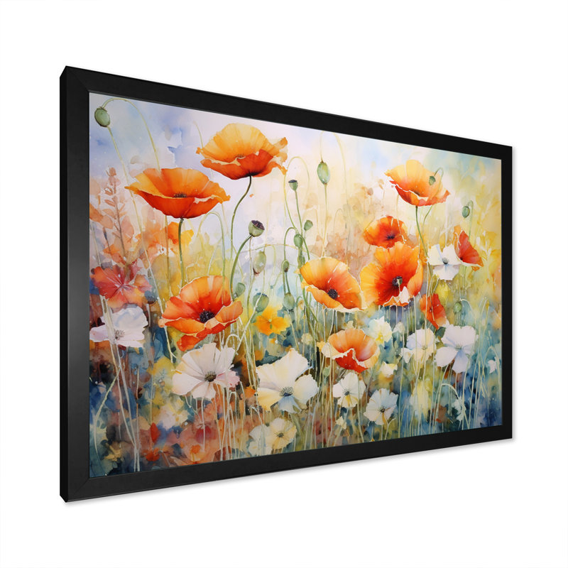 Fleurs de coquelicots en fleurs rouges et blanches dans les prés - Décoration murale coquelicots, H 24 po x l 32 po x P 1 po