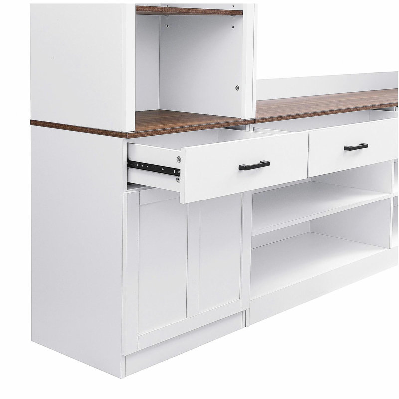 Farmhouse 4-Piece Entertainment Center with Bookshelf for TVs Up to 70", Walnut TV Stand with Adjustable Shelves, Mid-Century Media Console with Wine Rack for Living Room, White(OLD SKU: N721S000046K)