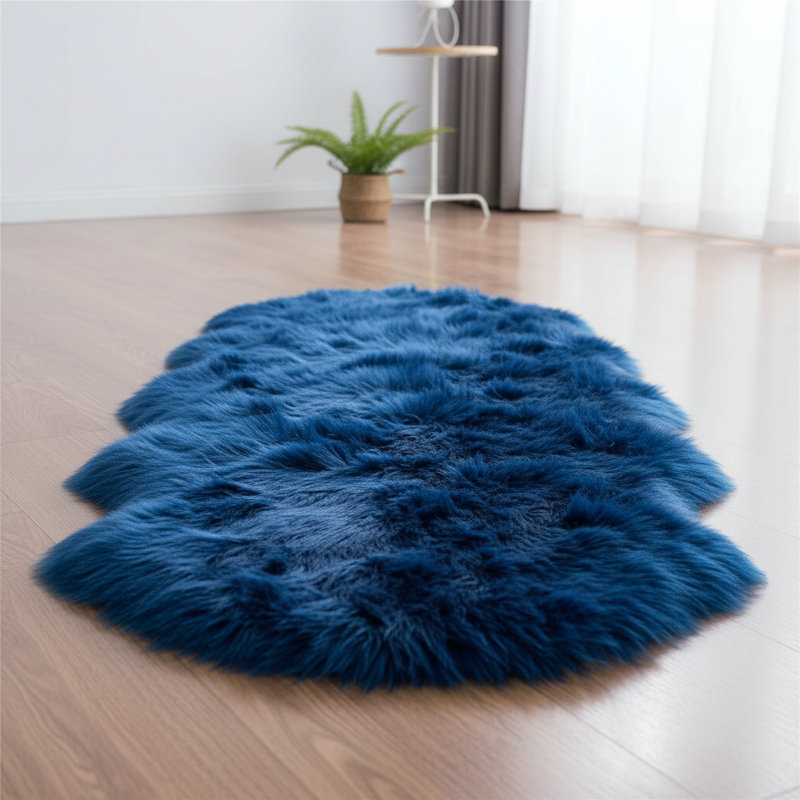 Ultra Soft Fluffy Shaggy Area Rug Faux Fur Sheepskin Rug 2X6 Ft For Bedroom Living Room Sofa – Dark Blue, Blue