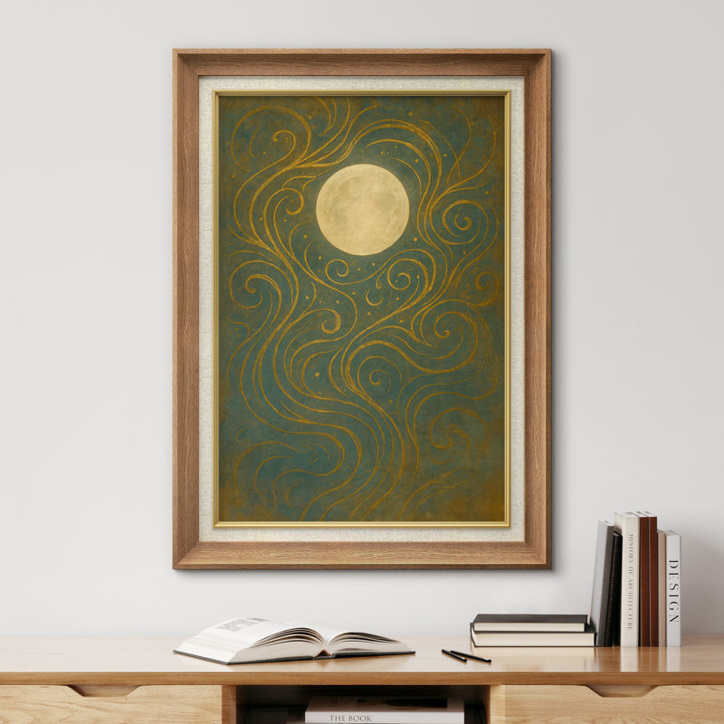 Pleine lune avec lignes dorées fluides sur fond vert foncé, impression sur toile encadrée, H 36 po x l 26 po x P 1,5 po