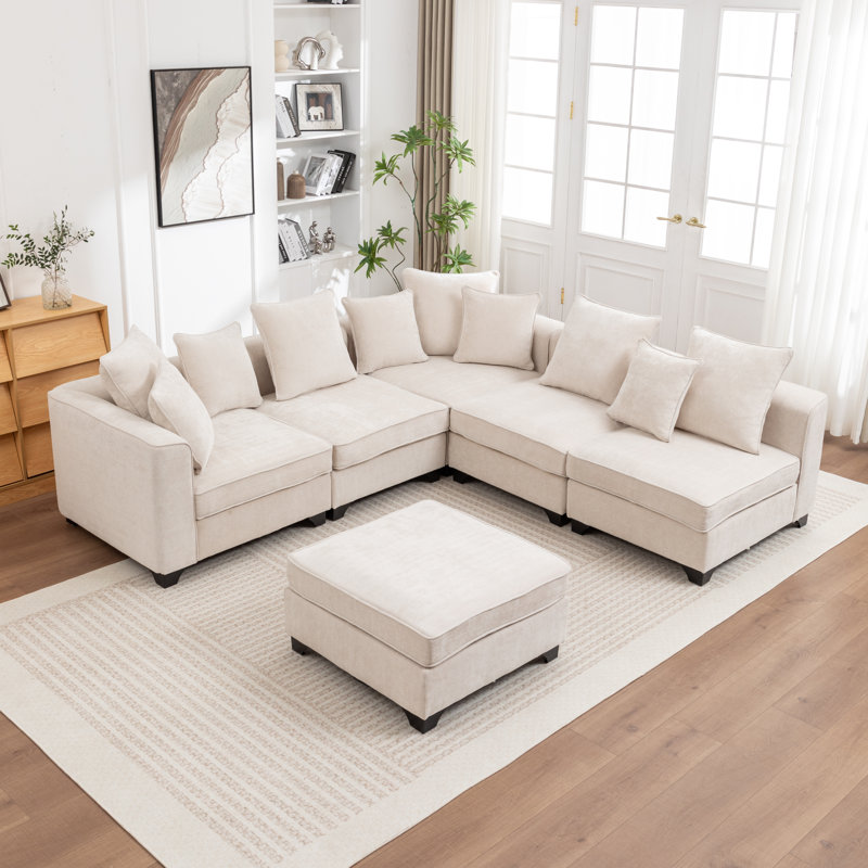 Bennett 6-Piece L-Shaped Sectional Sofa, Beige Chenille